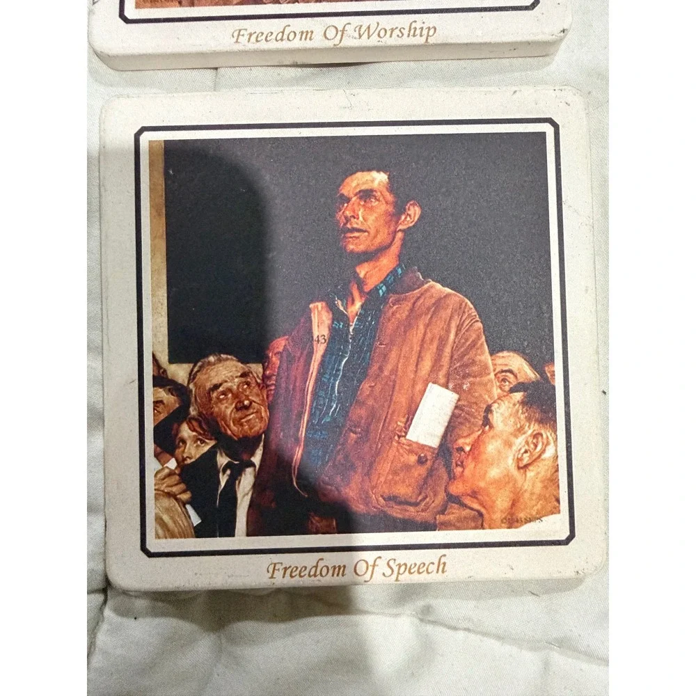 Norman Rockwell Four Freedoms Ceramic Coasters Set 4 Unisex Cream Americana Art